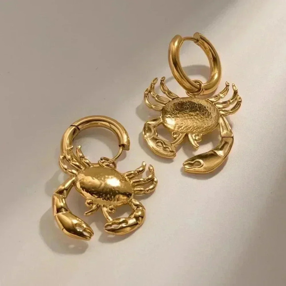 *NEW* 18K Gold Plated Stainless Steel Crab Earrings on Congo Hoops  (GOLD) - Picture 2 of 8